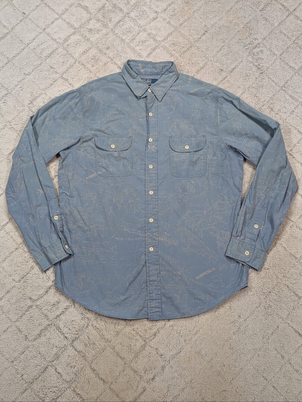 Polo Ralph Lauren Shirt Mens L Blue Montauk Map Print Button Up Casual Travel